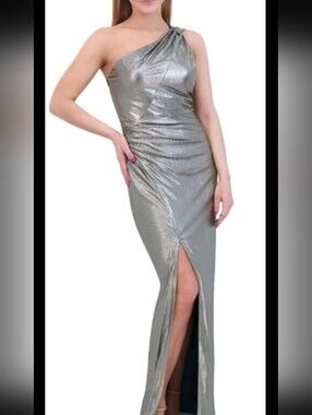 Vince Camuto One-Shoulder Metallic Silver Draped Gown